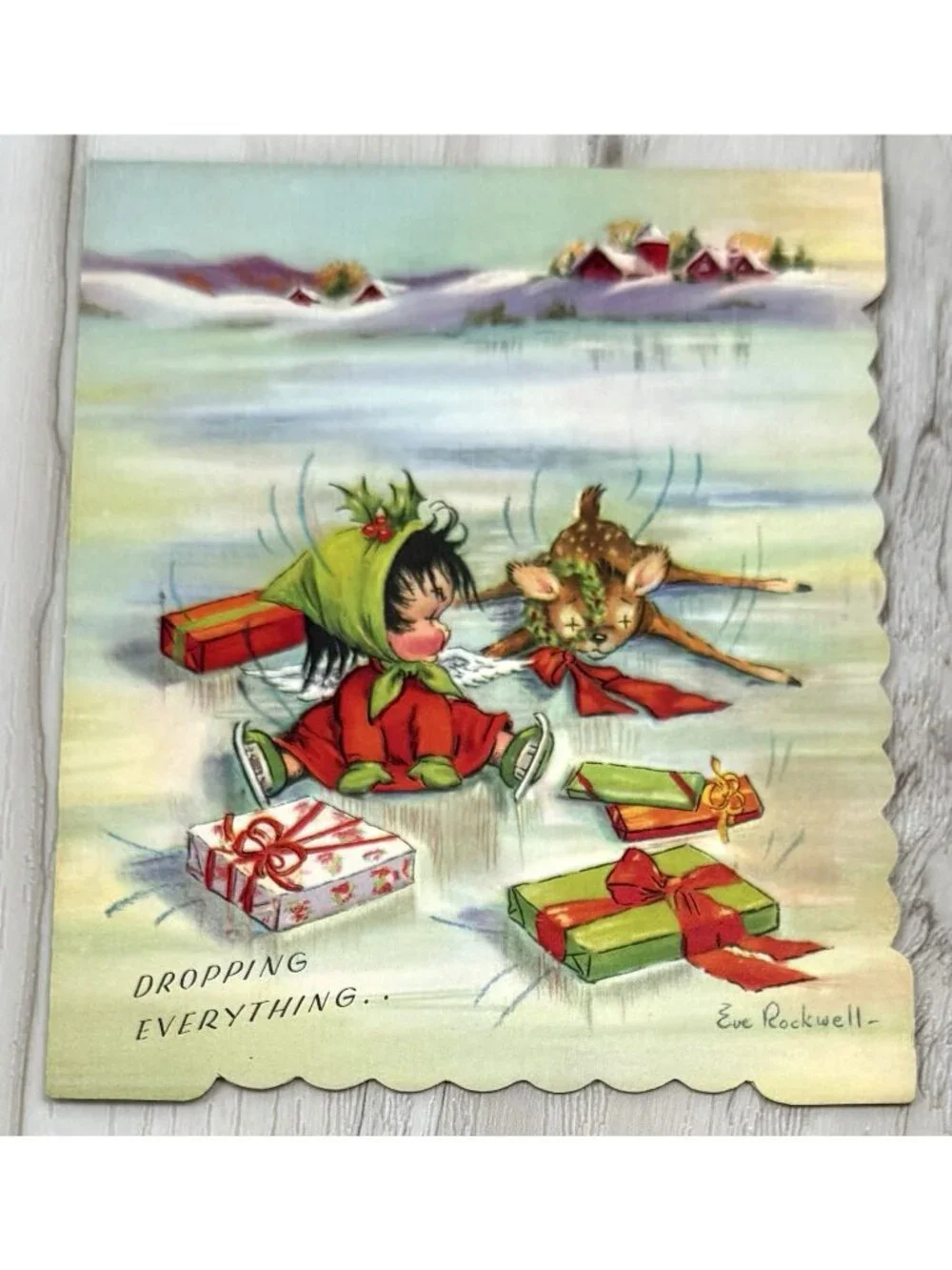 VTG UNUSED Christmas Card Artist EVE ROCKWELL Cheerie Cherubs Ice Skating Deer